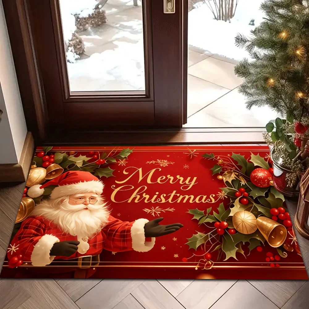VIKAMA Christmas Doormat Non-Slip Front Door Rug Washable Indoor Outdoor Xmas Santa Holly Berry Winter Entrance Decor Mat