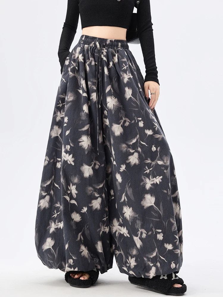 

Женские брюки с высокой талией и широкими штанинами, с цветочным принтом, свободные брюки-фонарики, новинка весеннего сезона, двусторонние, удобные повседневные брюки