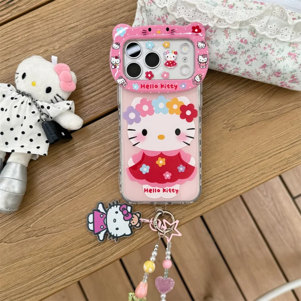 Cute Little Flowers HelloKitty 3D Bear Camera Phone Case for iPhone 17 Pro 15 14 13 16 17 16 Pro Max Cover With Chain Cases Capa view 5