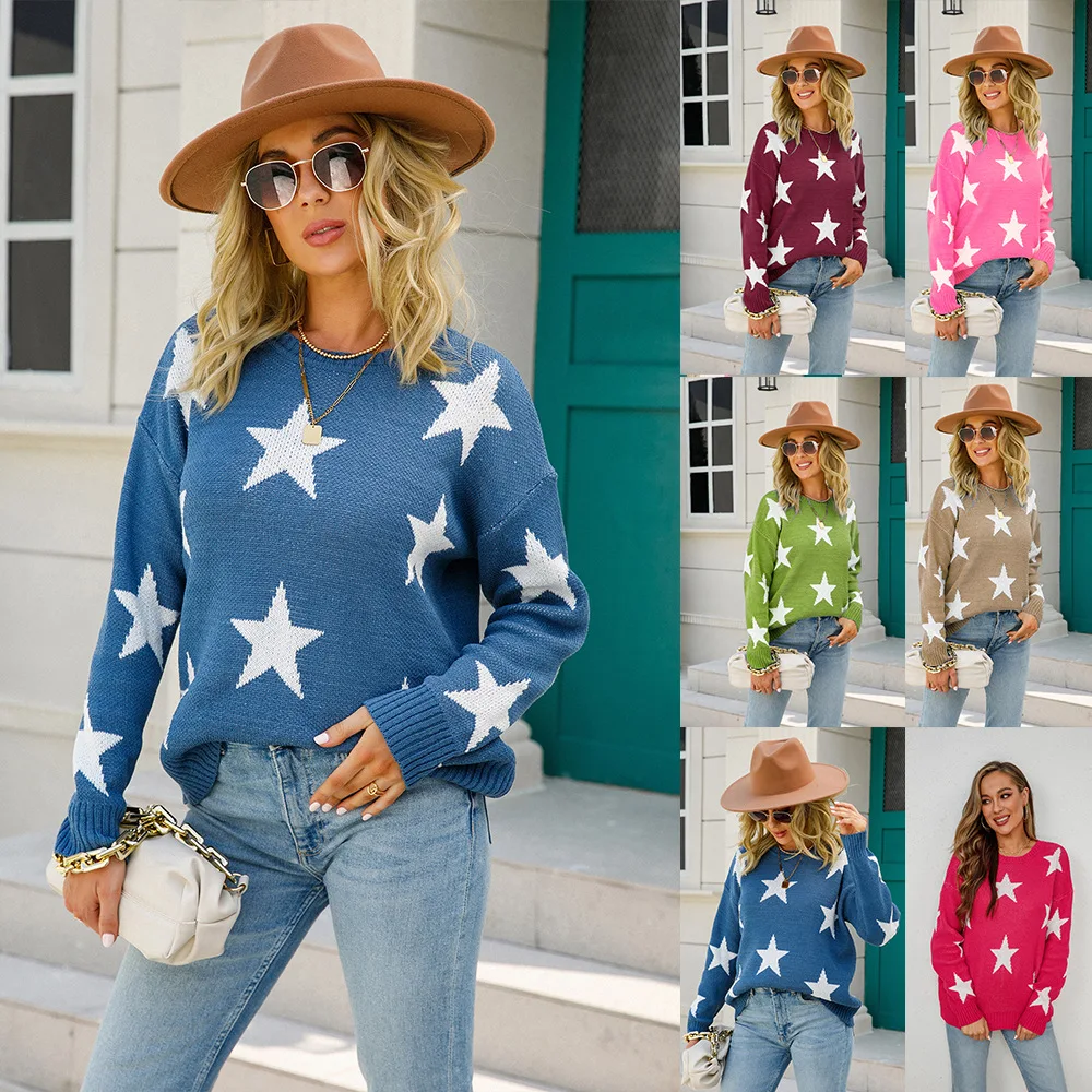 

Women Pullovers Sweaters Knitted Round Neck Full Sleeve Print Jumpers Y2k Streetwear Elegant Splice Knit Autumn Winter 2025