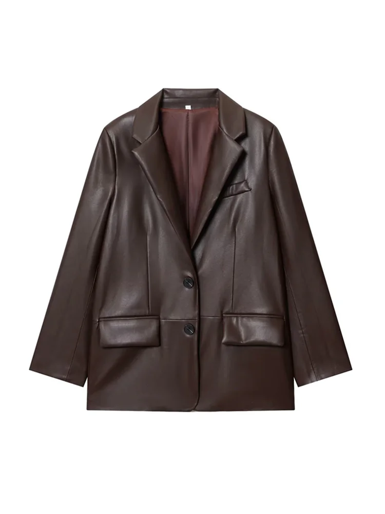 معطف بليزر نسائي أنيق من الجلد الصناعي فضفاض مناسب بنمط المال القديم وأكمام طويلة وزر أمامي ملابس خارجية أنيقة