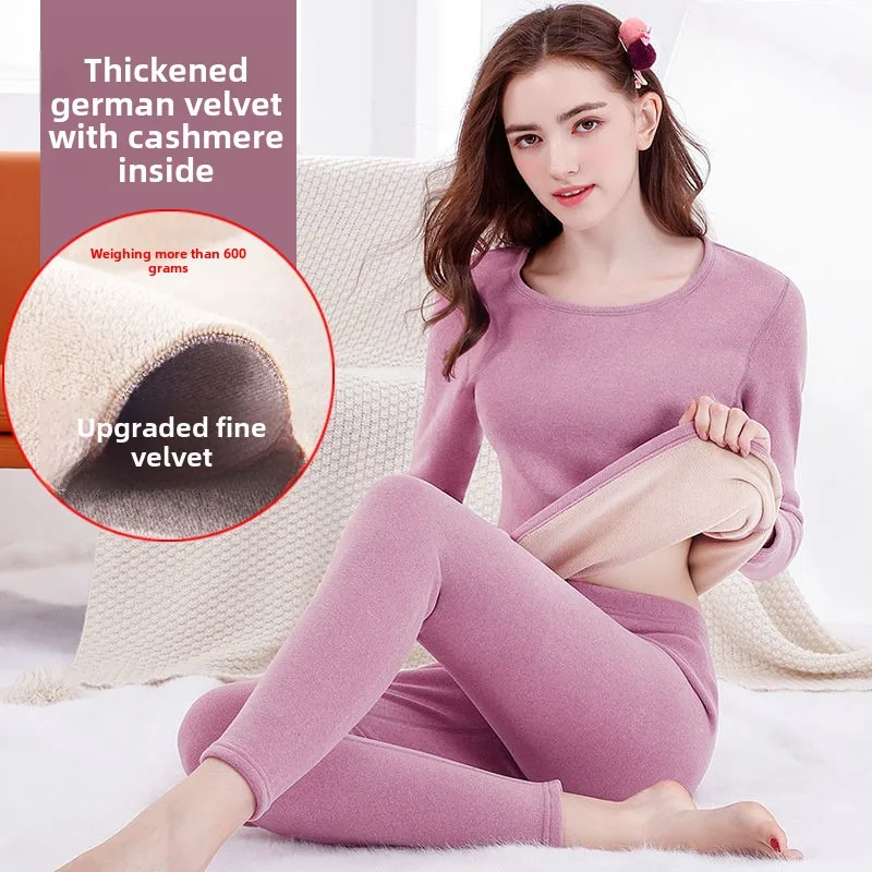 2024 Thermal Underwear Women's One Lamb Wool Fleece Thickened Set German Fleece Seamless Heating Plus Size Long Johns Winter