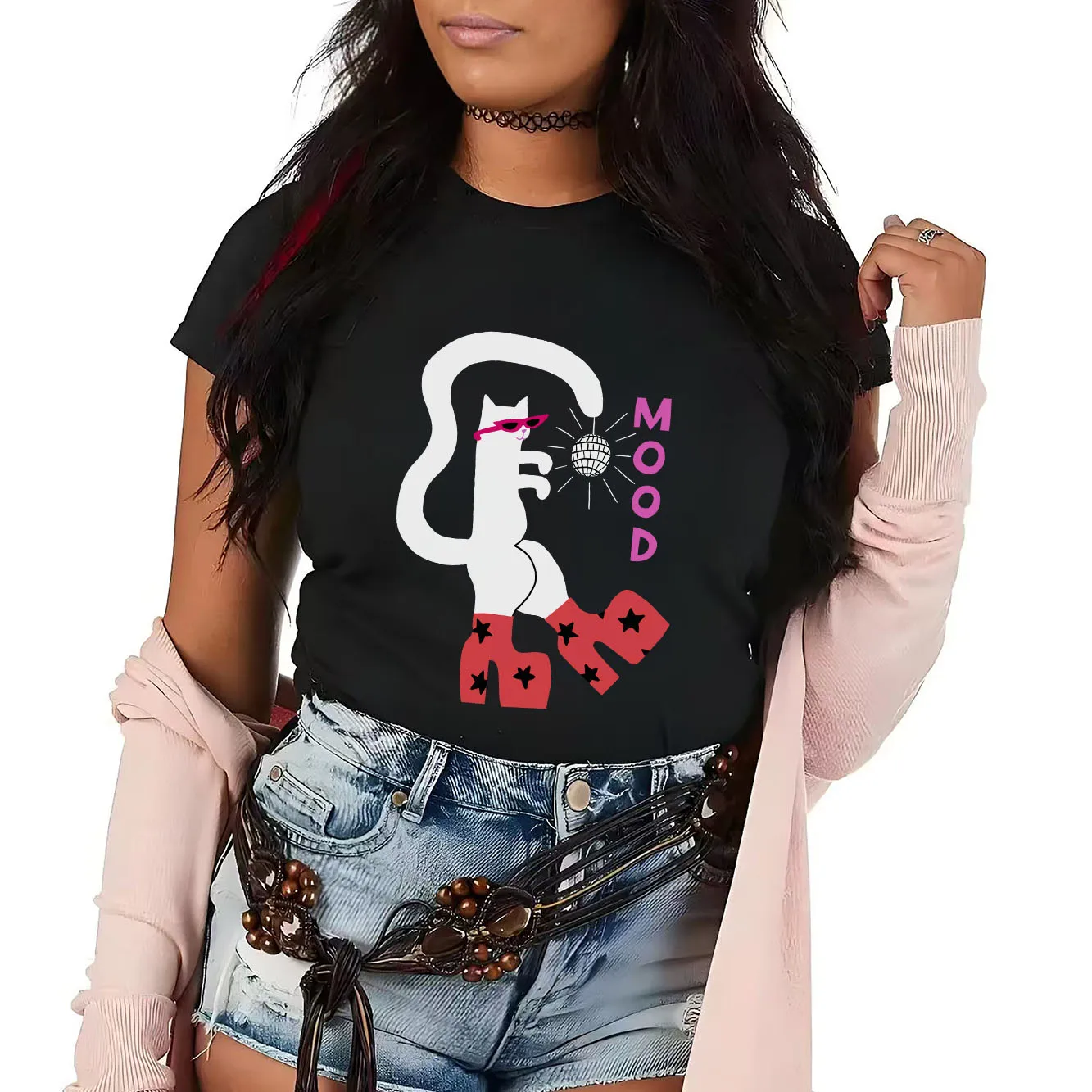 تي شيرت مطبوع عليه قطة الرقص الممتعة كاجوال بأكمام قصيرة مناسب للفصول الأربعة تي شيرت نسائي متعدد الاستخدامات