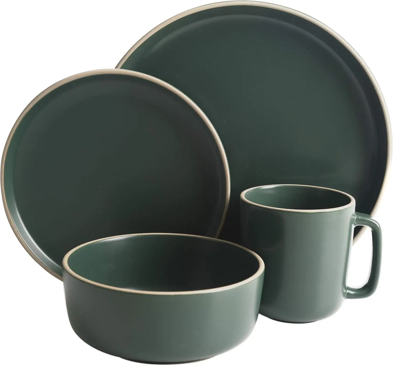 16 Piece Round Kitchen Dinnerware Set, Dishes, Plates, Bowls, Mugs, Service for 4, Matte Stoneware, Green