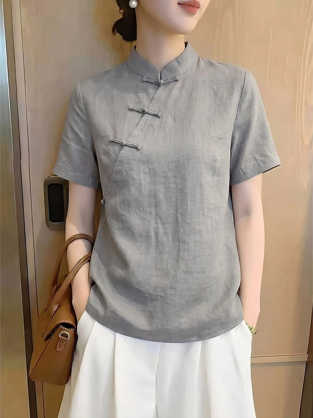 Retro Stylish Grey Button up Short Sleeve Shirt Women Summer plus Size Loose Slimming Ageless New Chinese Style Top