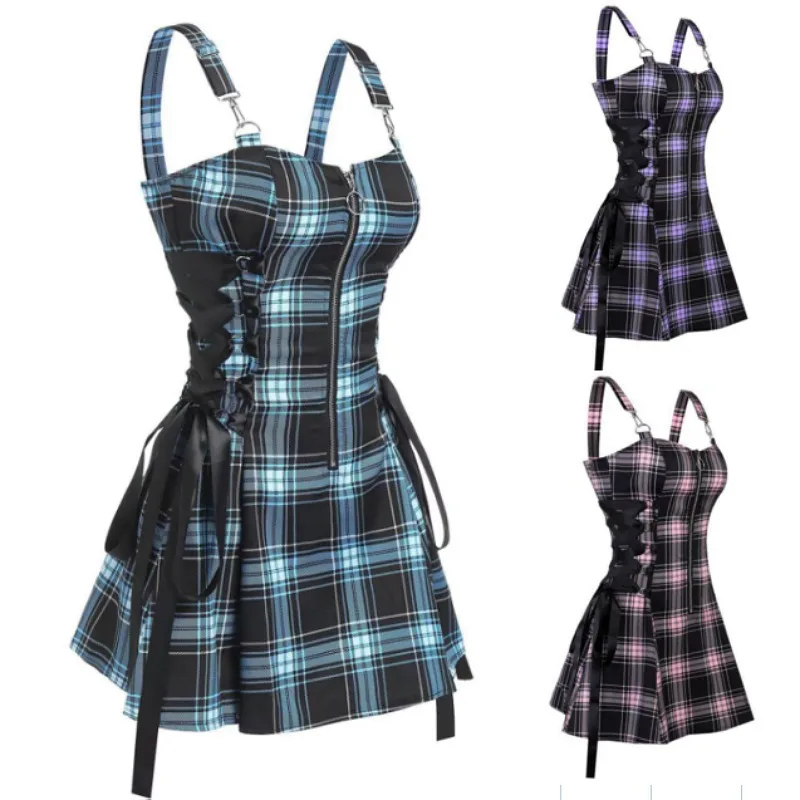 Dark Gothic Women Plaid Dress High Waist Bodycon Vintage Punk Harajuku Lolita Sleeveless Streetwear Y2K Sexy A-Line Mini Dresses