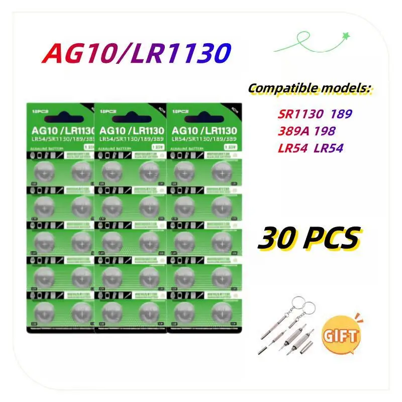 30PCS AG10 Coin Cells LR1130 389A 189 389 SR54 LR54 L1131 1.55V Alkaline Button Battery For Watch Toy Remote Control Calculator