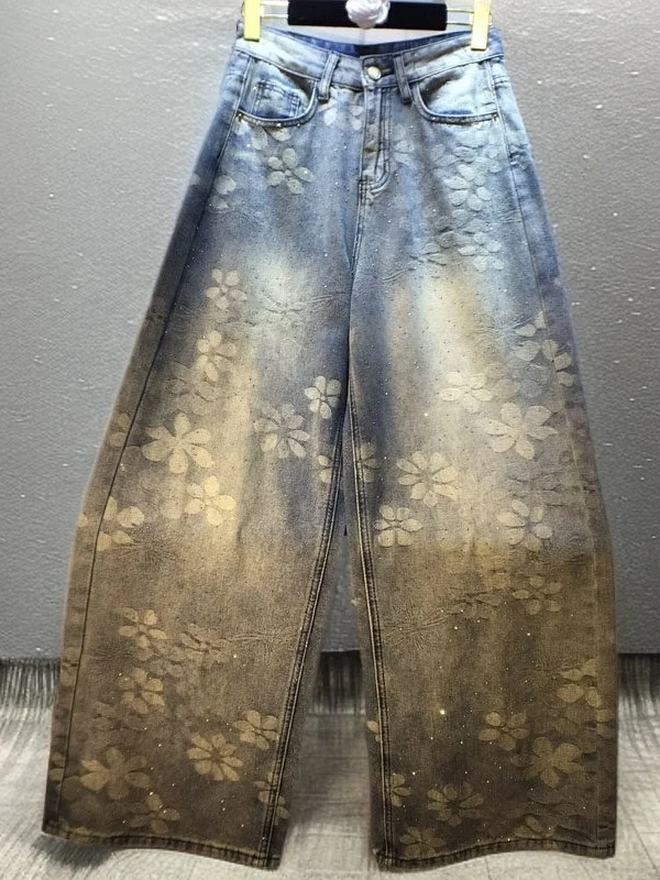 

Retro Washed High Waist Straight Leg Wide Leg Jeans Women's Loose Fit Diamond Embellished Casual Spring New Arrival