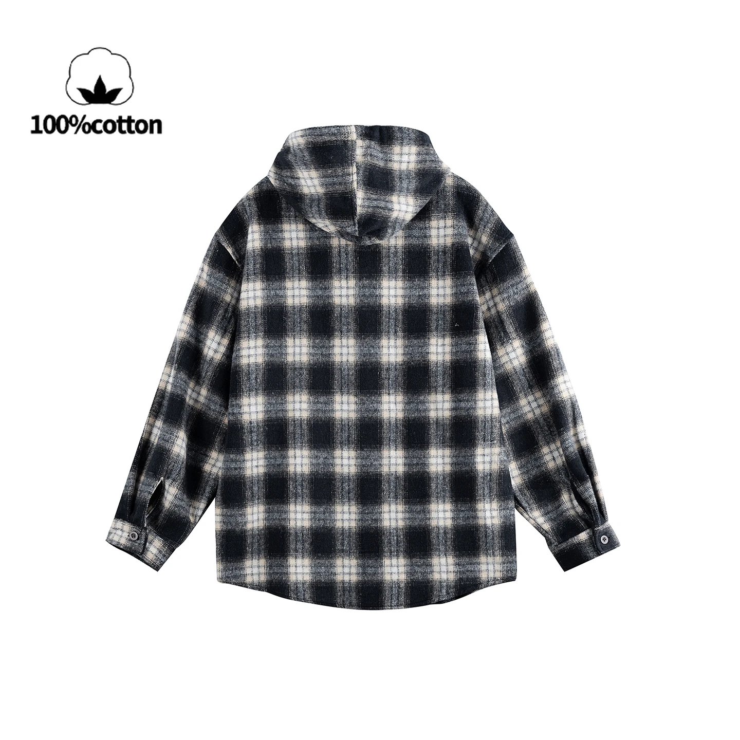 アメリカンヴィンテージチェック柄フード付きシャツジャケット、男性と女性用、ミッドレングスのリラックスフィットカジュアルアウターウェア、春/秋用