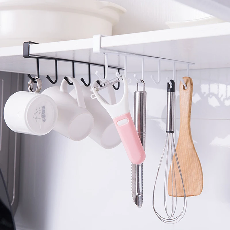 

Iron 6 Hooks Storage Shelf Wardrobe Cabinet Metal Under Shelves Mug Cup Hanger Bathroom Kitchen Organizer Hanging Rack Holder
