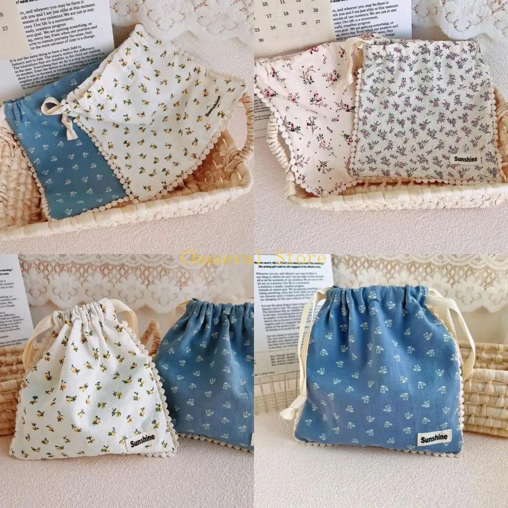 E7CE Dry Wet Bag for Baby Diaper Storage Floral Print Nappy Bag Lace Drawstring