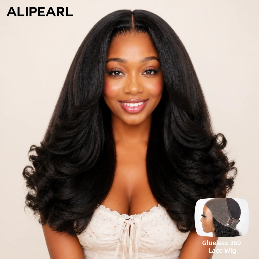 AliPearl Glueless 220%Density Yaki Straight Invise Drawstring 360 Lace Wig With Curly Ends Pre Styled Ready to Go Human Hair