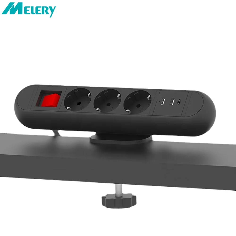 Melery EU Plug Sockets Power Strip Smart USB Type c Charge Germany Table Clamp 3 Outlets 2m Extension Cord Kitchen Office Desk