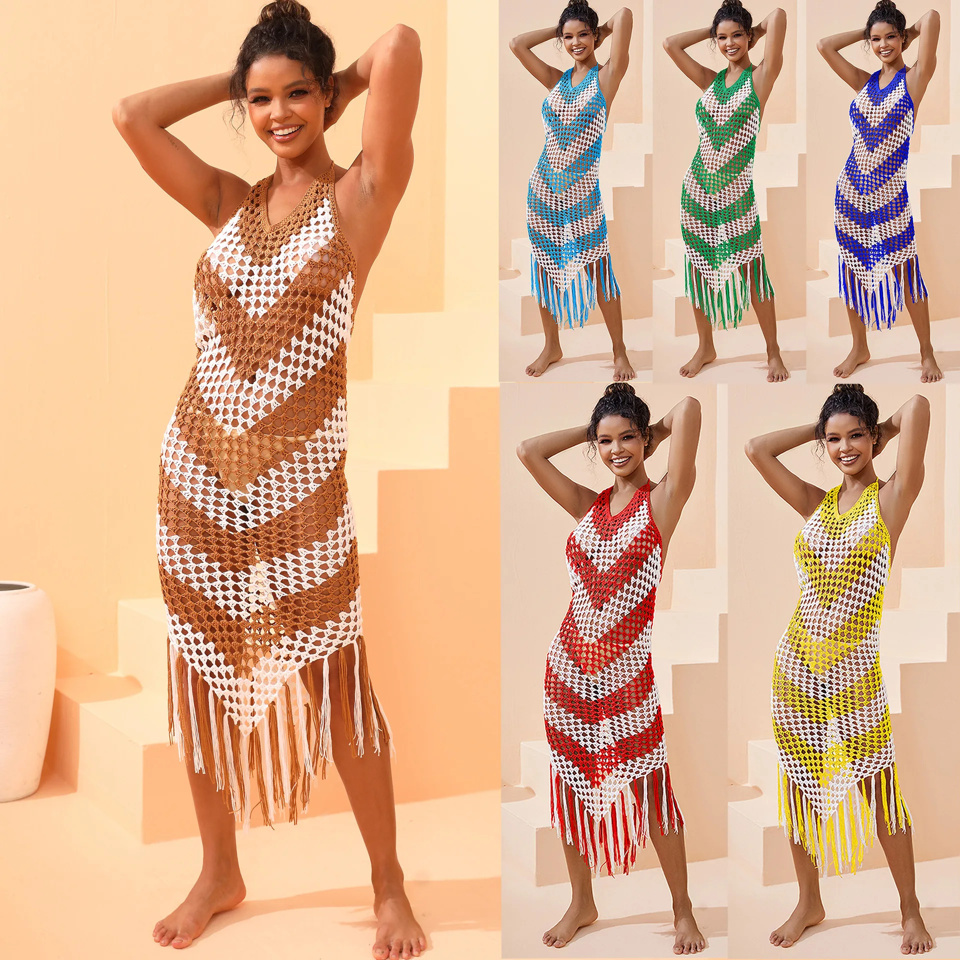 

2025 Lace Trim Beach Shawl Women'S Handmade Crochet Color Matching Suspender Tassel Beach Women'S Dresses For Kayaking