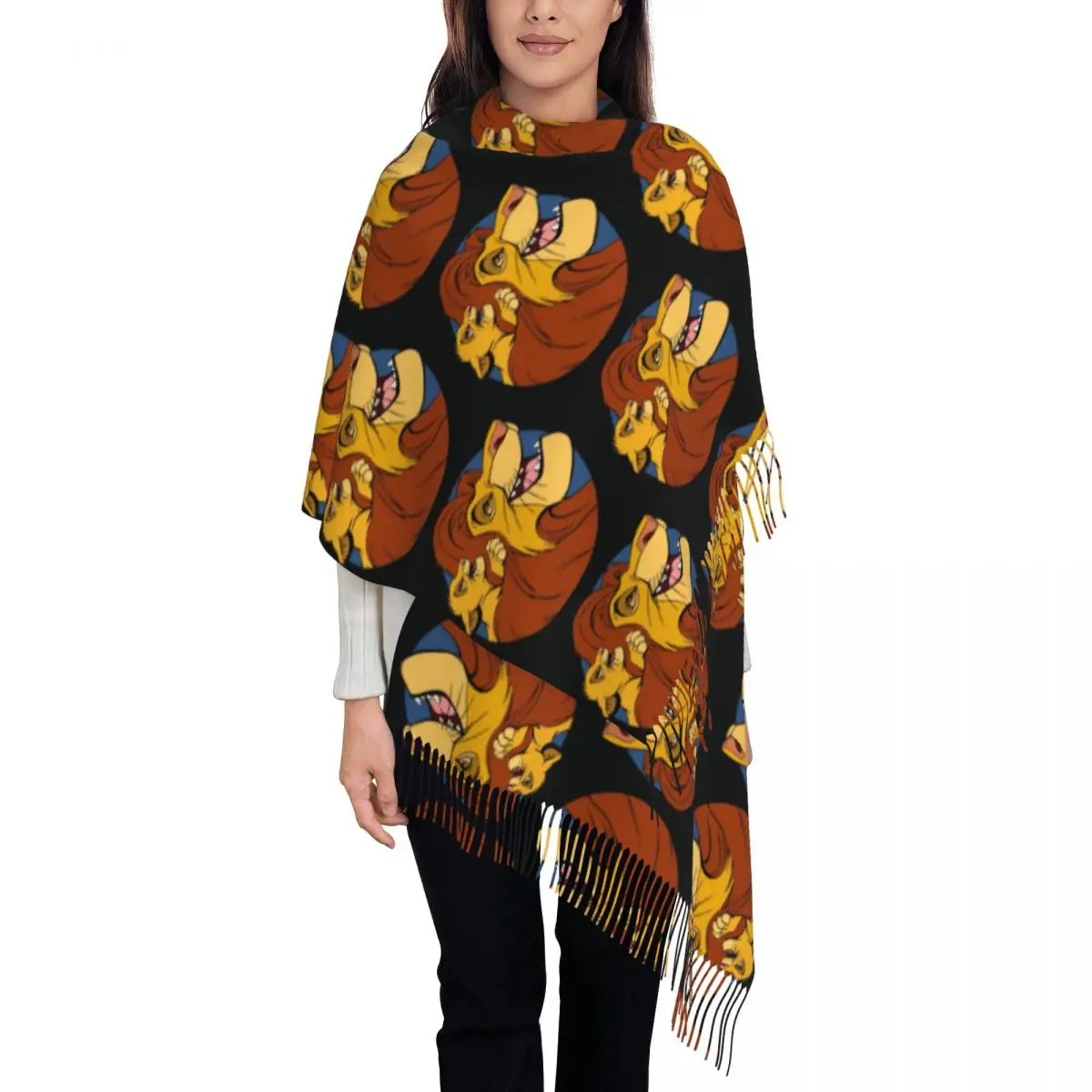 

Женский шарф с героями мультфильмов «Король Лев», длинная зимняя теплая шаль с кисточками, шарфы унисекс