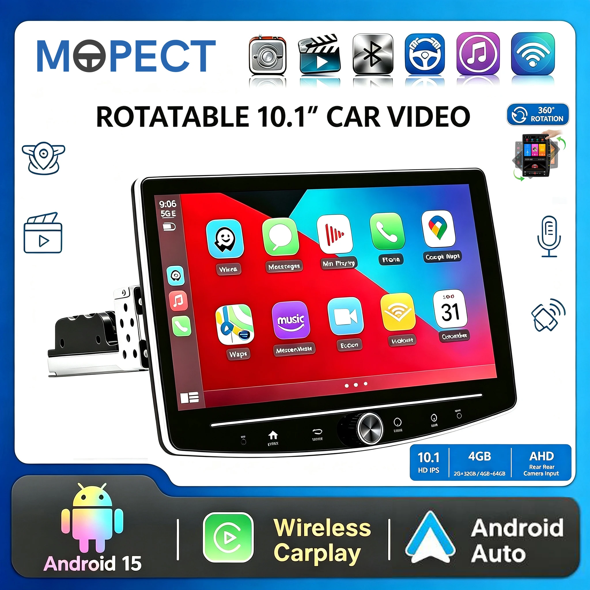 MOPECT, autoradio Android 15 da 10,1 pollici con schermo IPS touchscreen, 4 GB di RAM e 64 GB di memoria, sistema Android Auto e CarPlay wireless, navigazione GPS, equalizzatore ASP a 32 bande, FM RDS