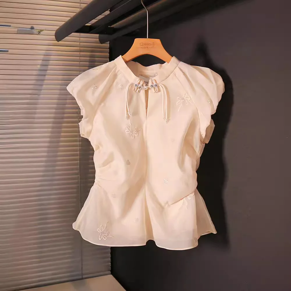 

Summer 2024 New Chinese Sle National Trend Stand Collar Embroidered Sequin Bubble Sve irt Women's ort Sve Pure Color