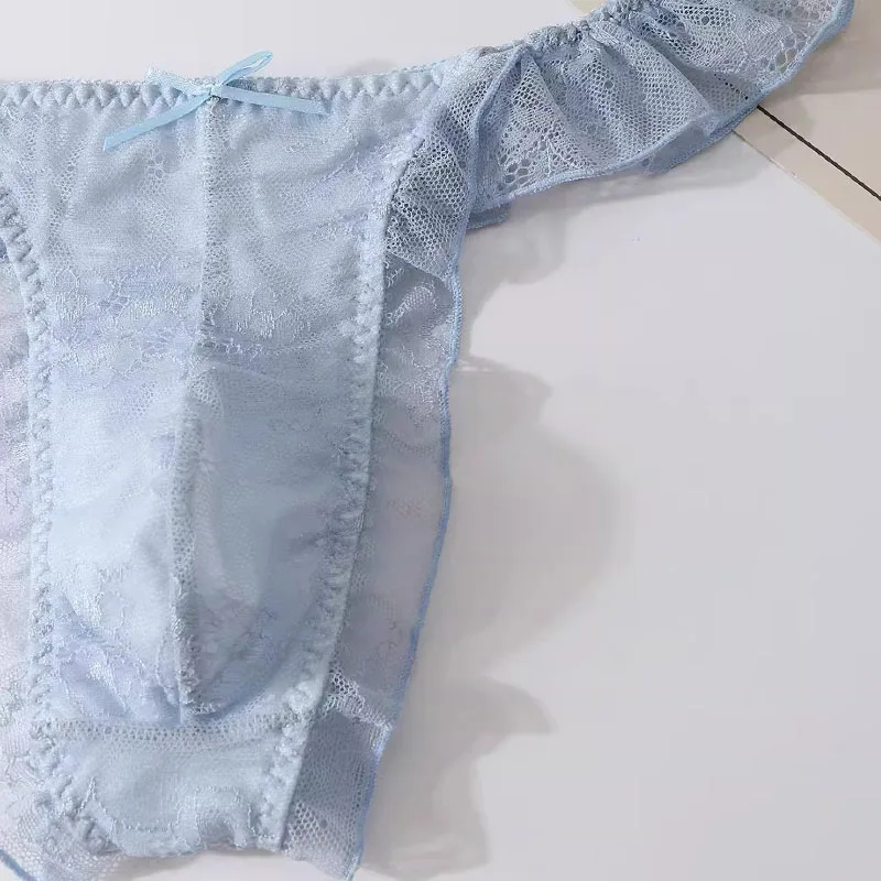 Man's Lace Sexy See Through Thong Low Waist Bow Sissy Briefs Live Show Dance Harajuku Stage Costumes FKK Party BF Gift