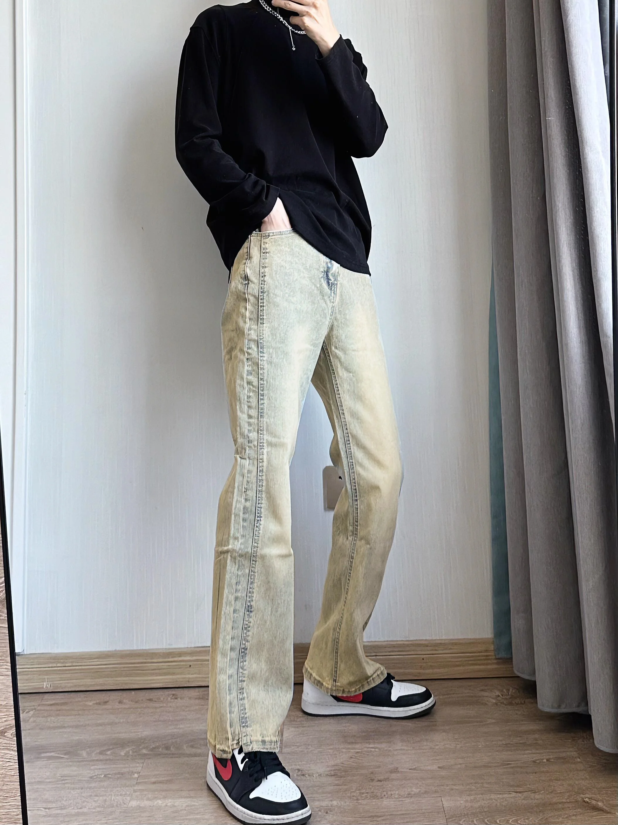 

Retro Spliced Waed American Vibe Commuter Jeans Men's Straight Fit Basic Long Pants Youthful Trend Water Waed Denim