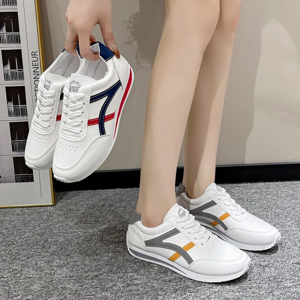 أحذية رياضية مريحة من الجلد للنساء، أحذية بيضاء صغيرة، أحذية رياضية مريحة برأس مستدير وأربطة أمامية، أحذية رياضية للجري #6