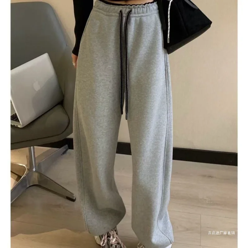 New Style Korean Version Fleece Lined Thickened Casual Sports Straight Leg Cuffed Sweatpants for Women for Autumn and Winter