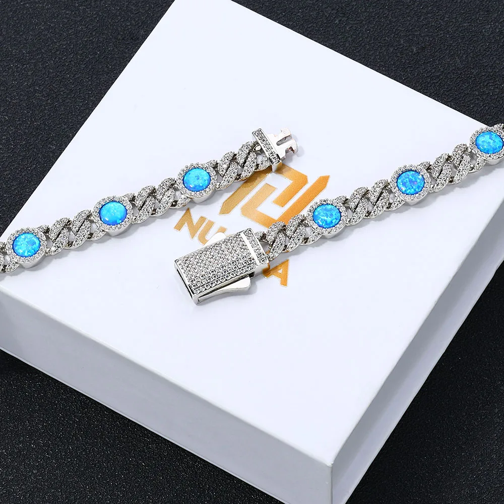 2025 Nieuwste Collectie 18 k Vergulde Kubieke Zirkoon Cubaanse Armband Sieraden Iced Out Grote Blauwe Opaal Cubaanse Ketting Armband