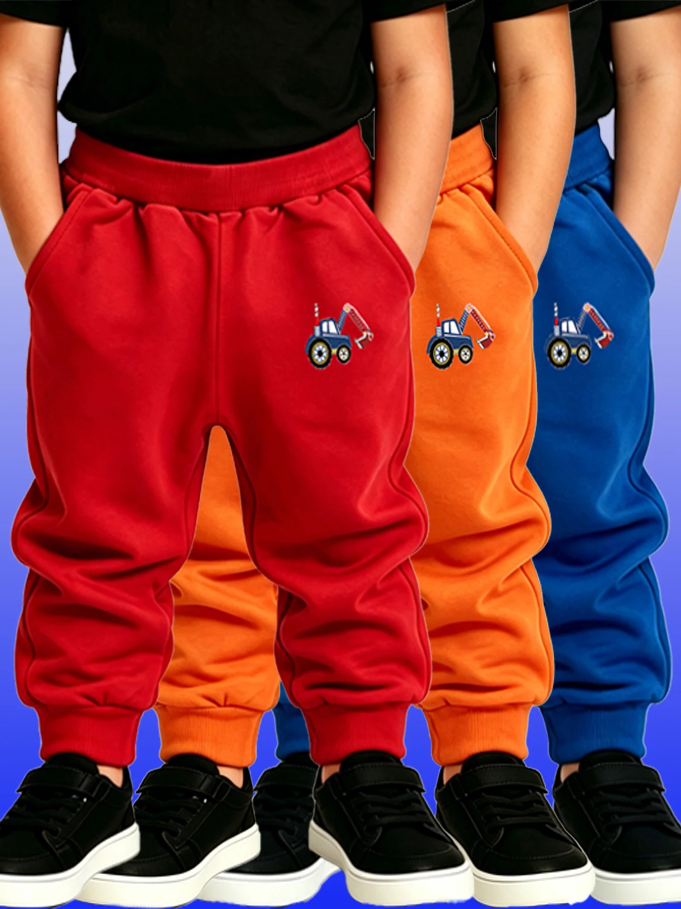 3PCS Red Orange Blue Classic Children's Sports Pants Fun Excavator  Pattern Joggers Sweatpants Boys Girls Daily Wear Trousers