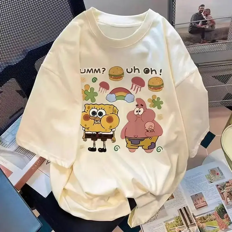 

Cotton Korean Loose Breathable T-shirt SpongeBob SquarePants Cartoon Cute Print Casual Sports Short-sleeved Top Harajuku