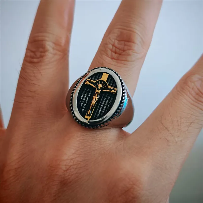 New Jesus Cross Solid Ring For Man 316L Stainless Steel Jewelry Polishing Punk God Ring Size 7-14
