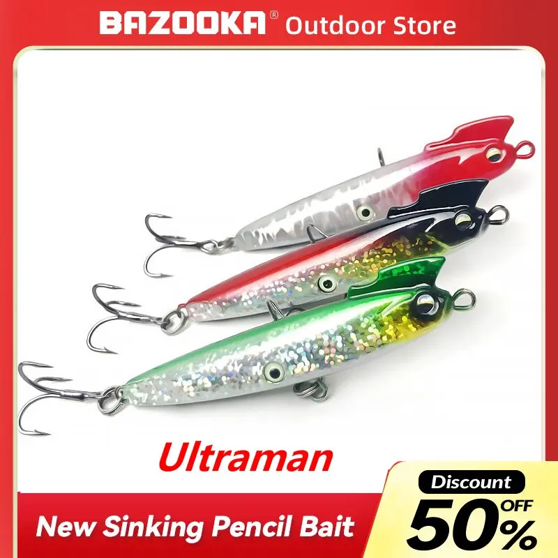 

Bazooka-Ultraman Sinking Fishing Lure, Pencil Bait, Flatfish Wobblers, Vibration Camping, Bass, Pike, Shore, Winter Bait