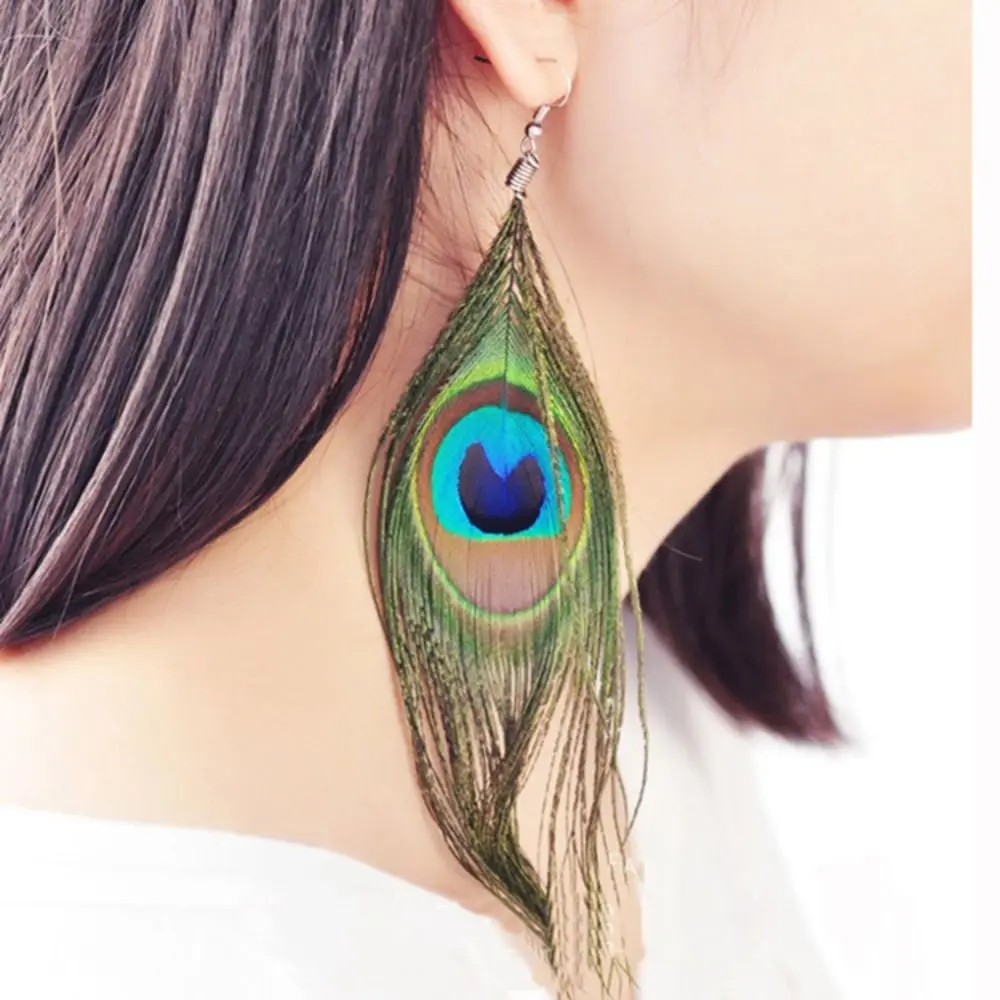 Retro National Style Ear Hook Ethnic Style Gift Bohemian  Jewelry Jade Bead Women Dangle Earrings Peacock Feather Earrings