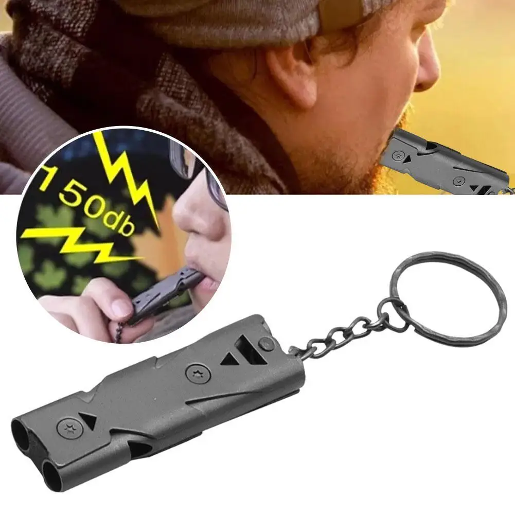 Outdoor EDC Survival Whistle High Decibel Double Pipe Multi Keychain Tool Whistle Stainless Cheerleading Emergency Alloy St H7X5