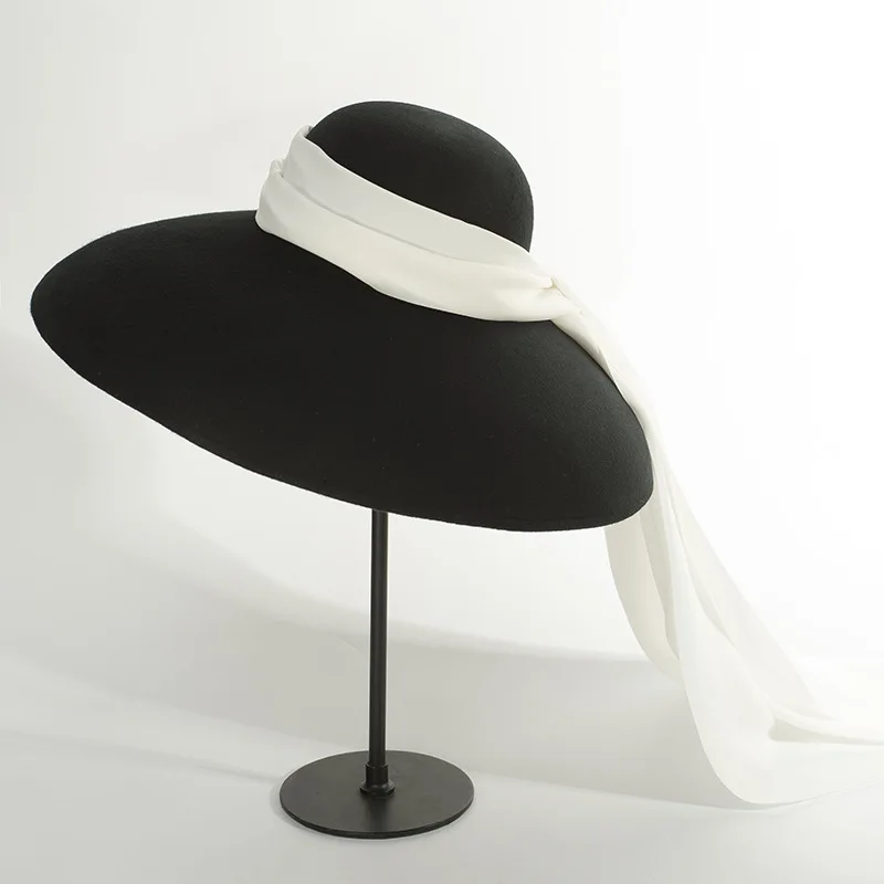 ins Vintage Wool Wide Brim Hat for Women Elegant Stage Style Bow Ribbon Dropping Brim Felt Hat