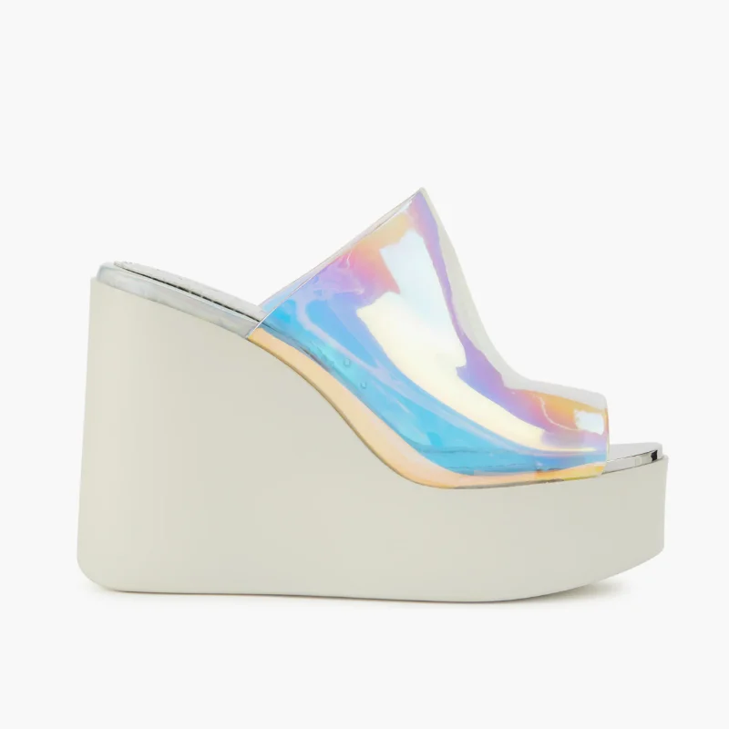 

2024 Spring And Summer New Glass Glue Transparent High Heels Thick Bottom One Word With Outside To Wear Wedge Cake Bottom Sandal