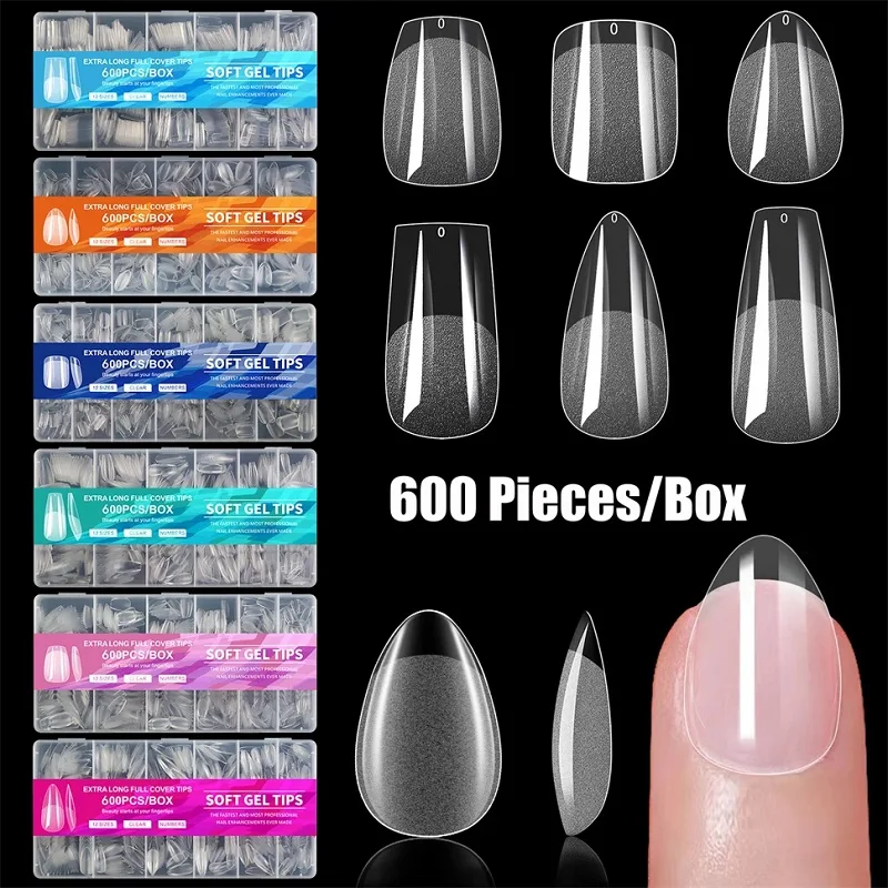 

600PCS Full Cover False Nail Almond Square Nail Tips Soft Clear Gel Nail Tips 12 Sizes Acrylic Square Press On Nails