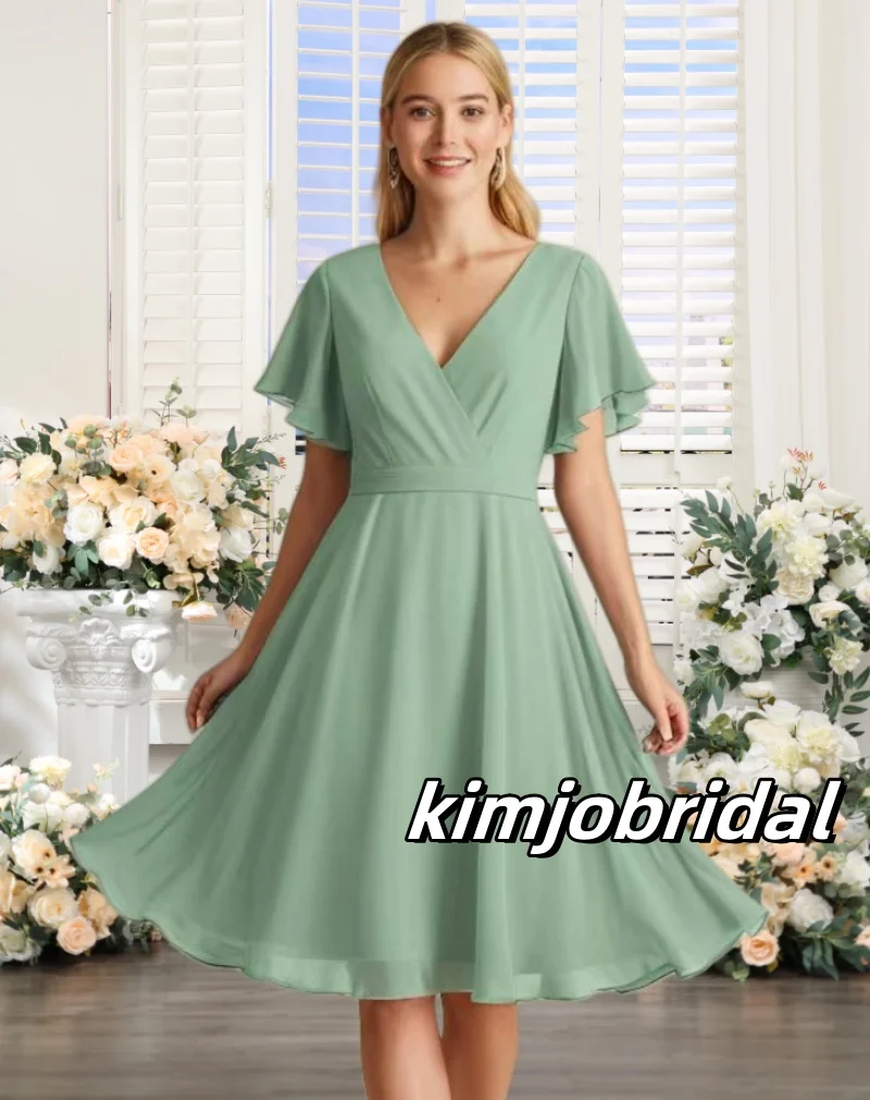 

Real Chiffon V Neck Short Sleeve Bridesmaid Dresses Knee Length for Women 2025 Pleated Short Sleeve Flowy Maid of Honor Dresses