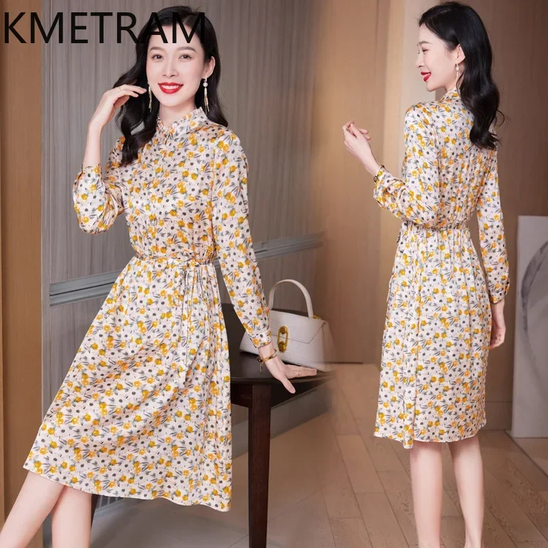 KMETRAM 91.2% Mulberry Silk Dress Women Elegant Party Midi Dresses Female Spring Summer Long Sleeve Dresses Women Clothing 원피스