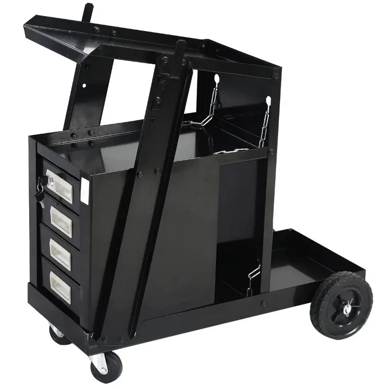 Professional Tool Box Black Iron 4 The Drawer Welder Rolling Welding with Wheels and Tank Storage for Welder and Plasma Cutter