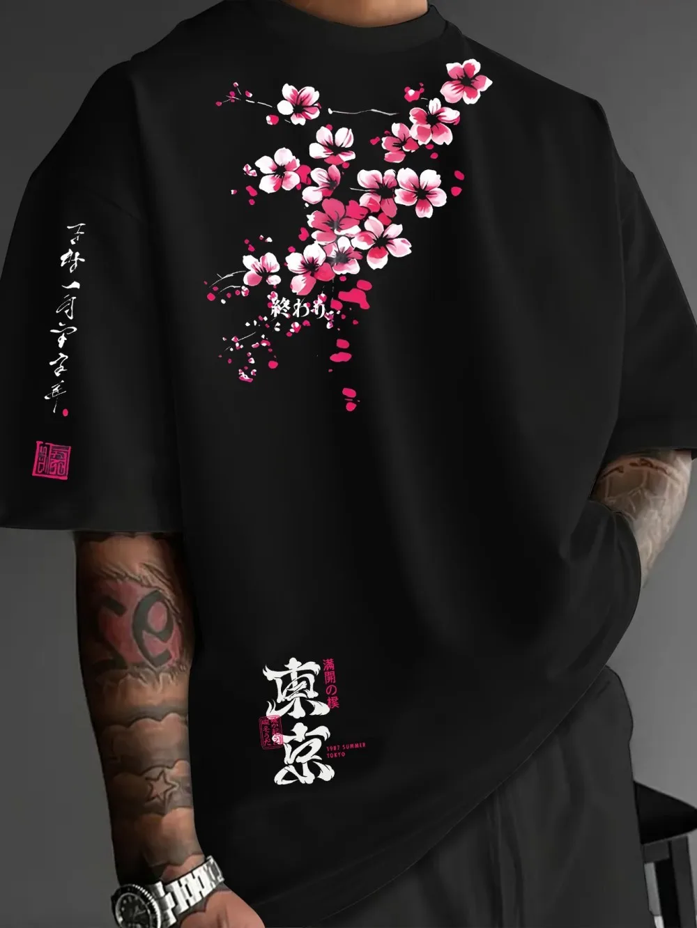 American men's summer new cherry blossom letter print micro elastic breathable round neck T-shirt outdoor street top