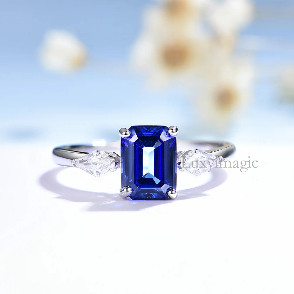 Luxyimagic Lab Growth Blue Sapphire Rings for Women Silver 925 Jewelry Gemstones Wedding Engagement Anniversary Gift for Her