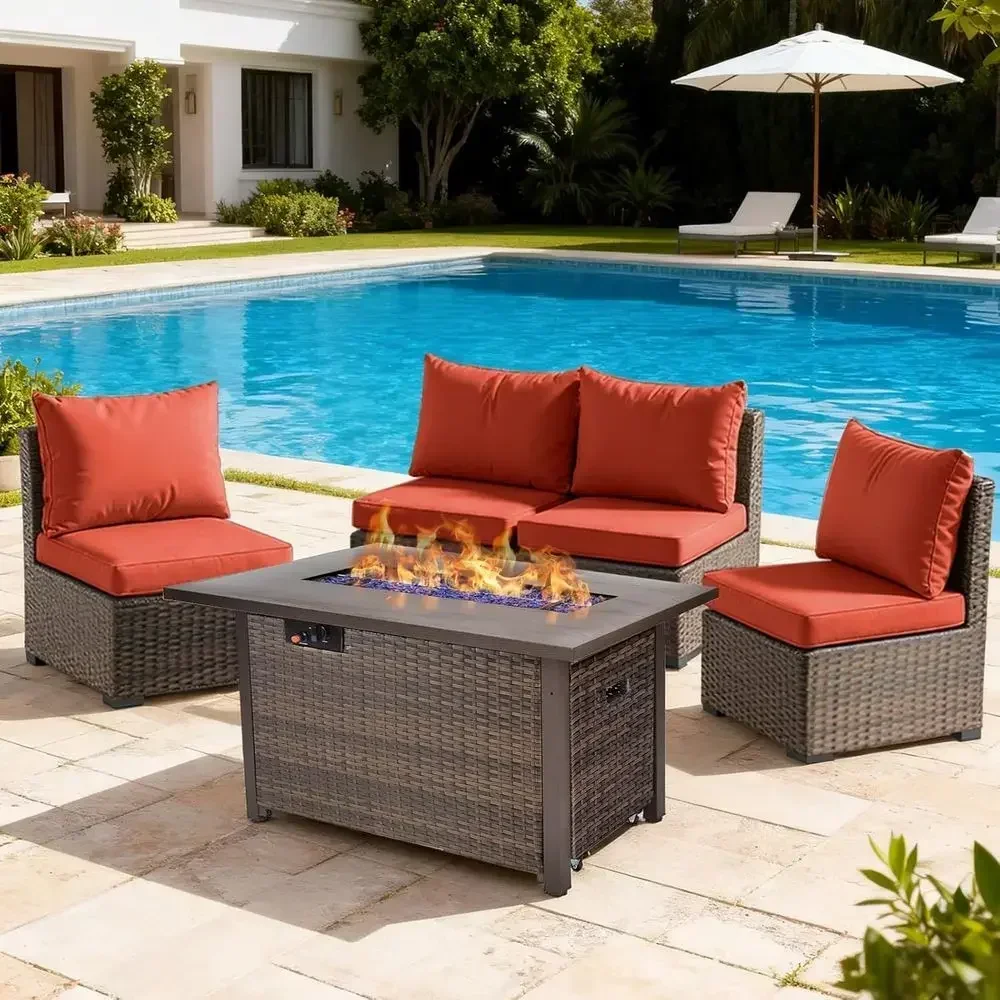5-Piece Patio Furniture Set with 42 Fire Pit Table, Outdoor Sectional Sofa, Wicker Rattan Conversation Set in Red