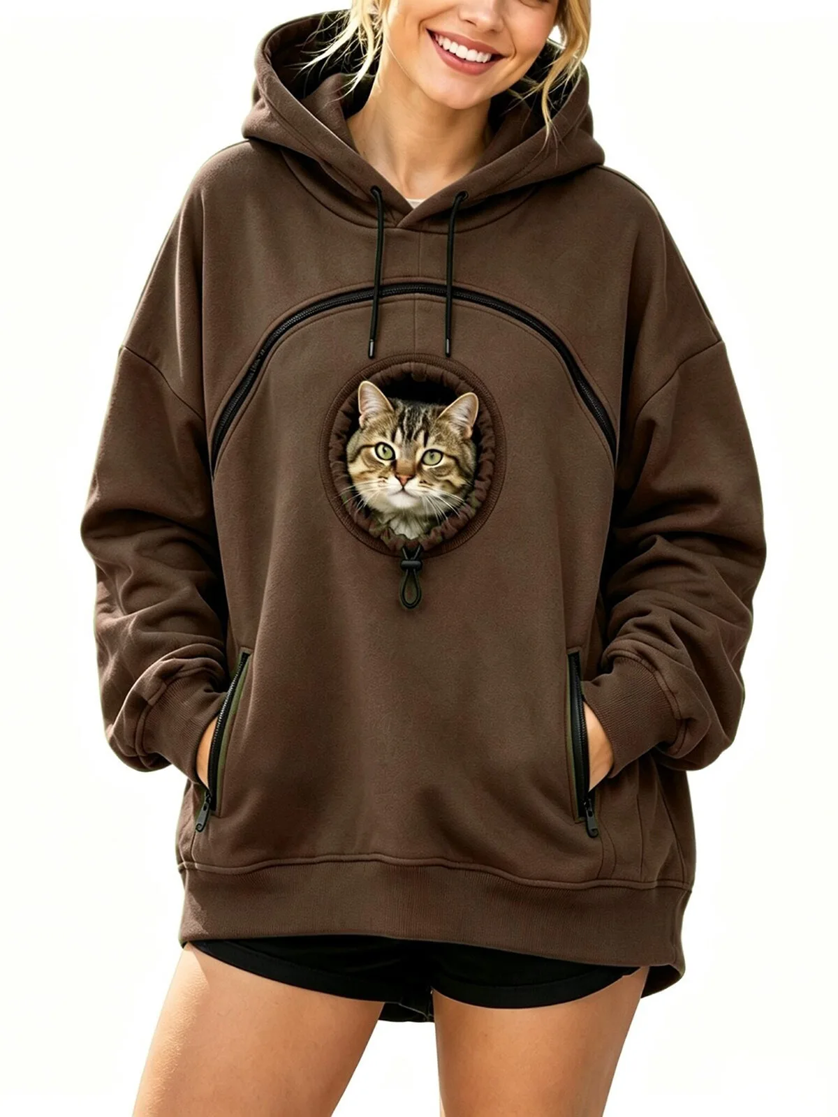 Personalized LOGO Customized Women's Hooded Pet Cat Pocket Casual Sweater Zipper Long Sleeve Hooded Fleece Top