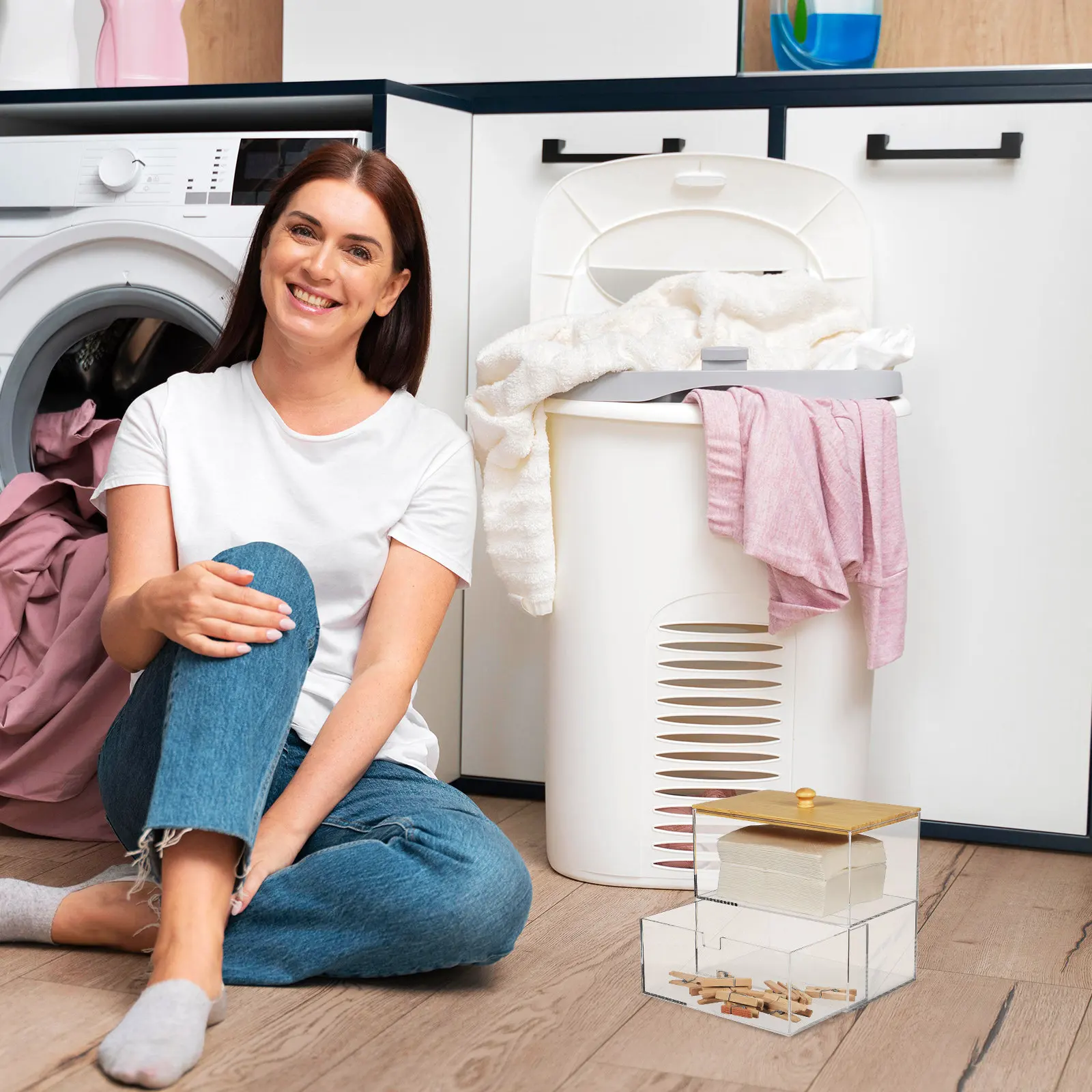 

Прозрачный контейнер для капсул для стирки с двойным отсеком, коробка для салфеток для сушилки, органайзер для хранения в прачечной, для дома