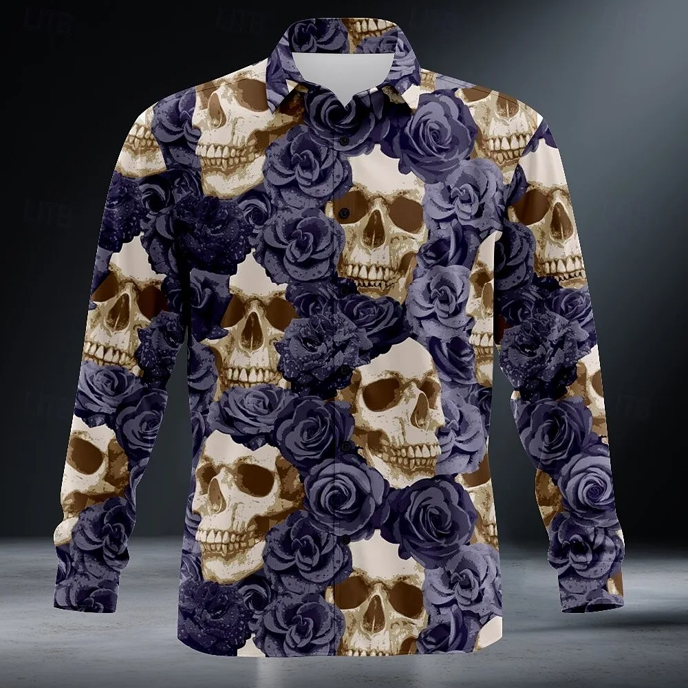 New men's reindeer camouflage long sleeved shirt 3D skull print shirt button casual long sleeved men's shirt