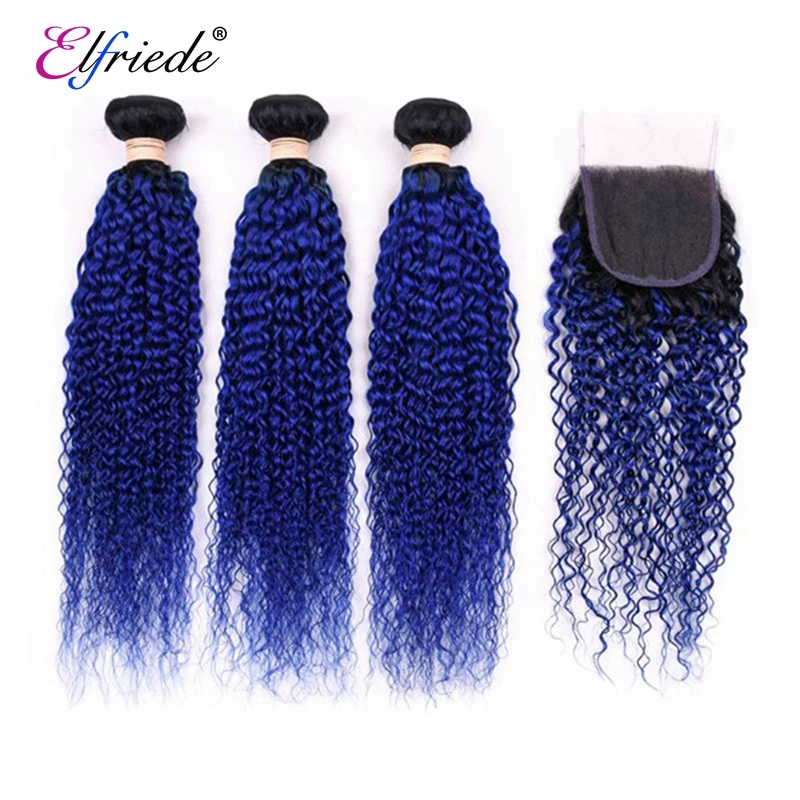 Elfriede-Mèches Brésiliennes Naturelles Crépues et Bouclées Ombré # T1B/Bleu, avec Closure, 3 Lots, 4x4