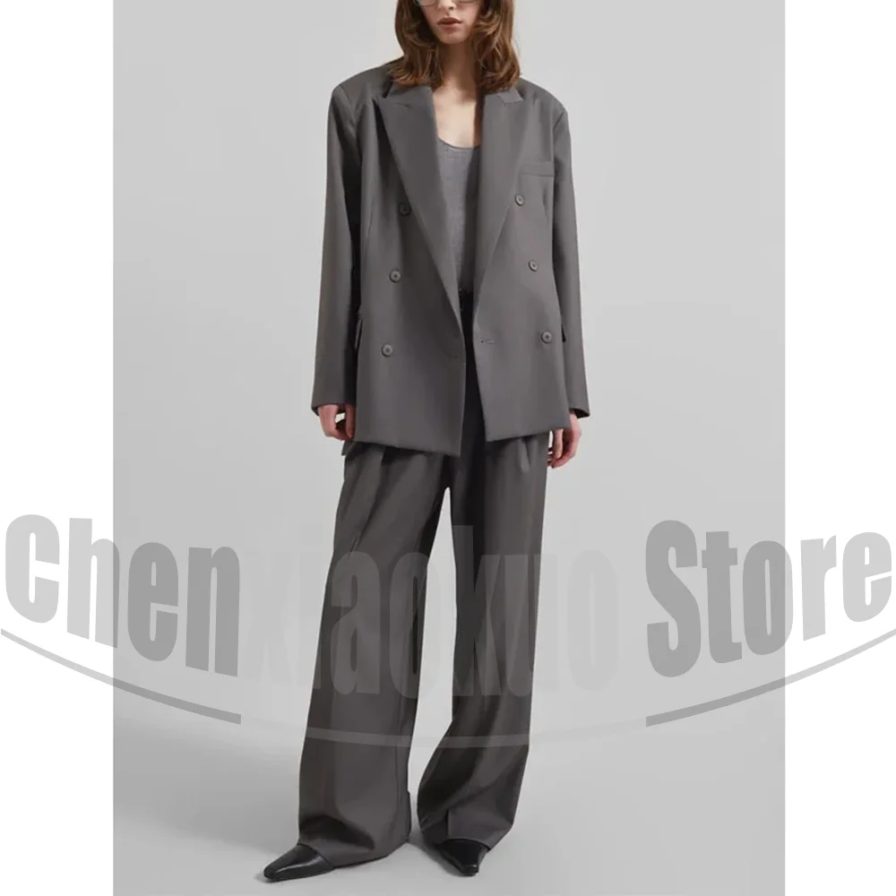 

Женский серый костюм большого размера, двубортный наряд с лацканами, модная уличная одежда, стильные повседневные формальные брючные костюмы, комплект из 2 предметов