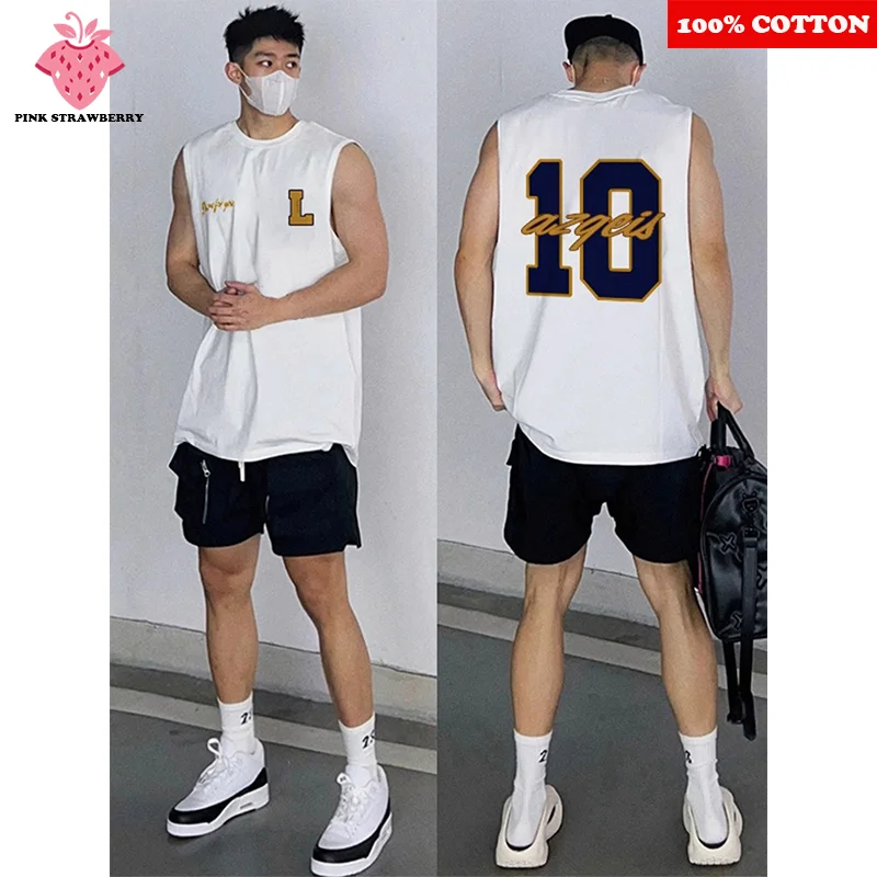 

American Number 10 Print Sport Vest Men Summer 2025 New 100% Cotton Sleeveless Vest Tee Fitness Swimm Run Vest Quick Dry Y2k Top