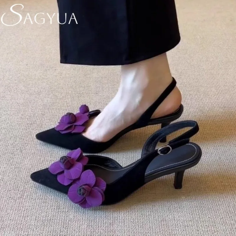 

Flower Women Heeled Sandals Pointed Toe High Heels Shoes Slingback 2025 Fashion Summer Woman Dress Shallow Sandalias De Mujer
