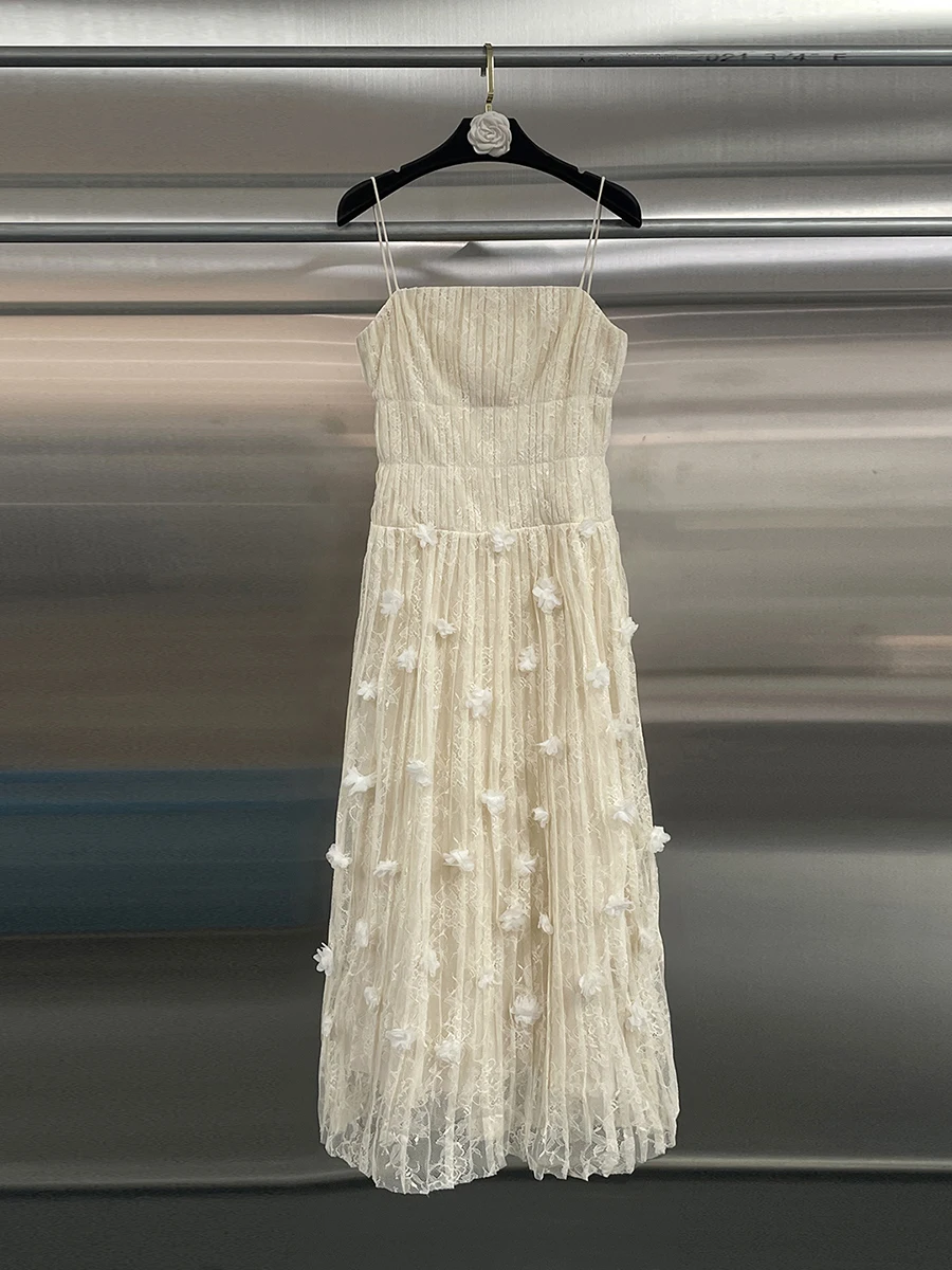 CHICEVER White Spliced Lace Dress Female Square Collar Sleeveless Slimming Elegant Intellectual Women's Dresses Summer Fashion