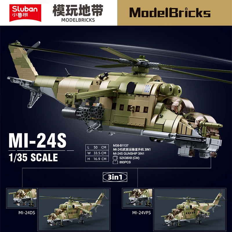 2024 Sluban WW2 Military Russia Air Weapon Mi-24 Attack Helicopters Hind Model Building Blocks Classics Fighter Bricks Plane Toy